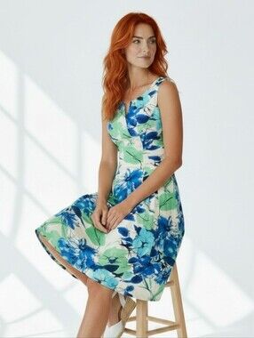 Adrianna Papell Blue & Green Floral Sleeveless Midi Dress